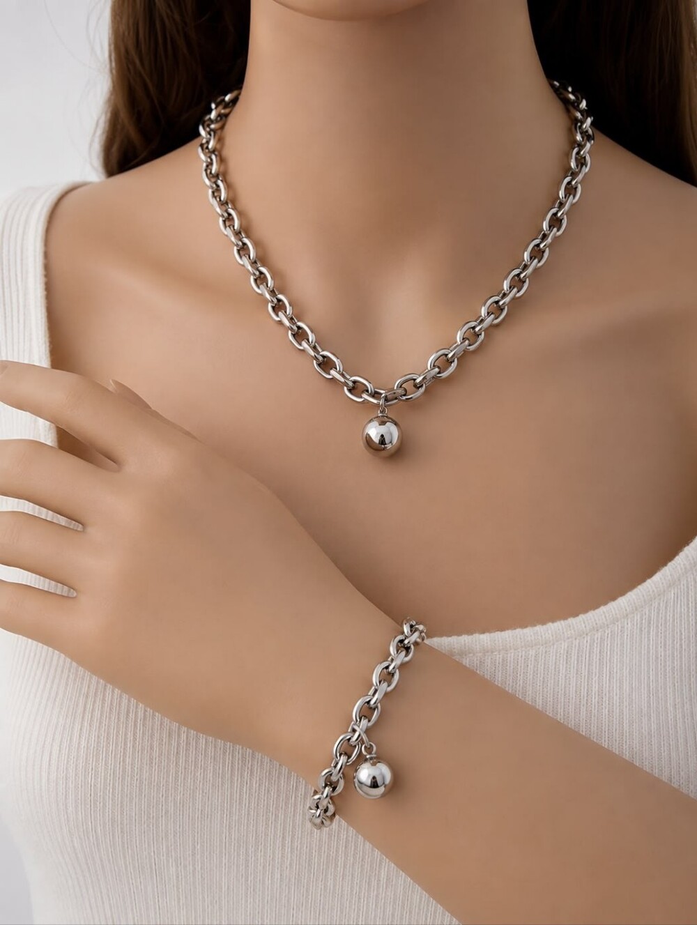 Stainless Silver Ball Charm Chain Necklace and Bracelet Set